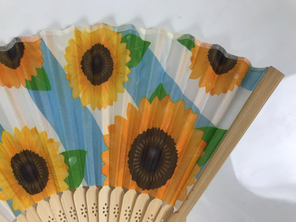 Japanese Fabric Folding Fan Sensu Vtg Bamboo Frame Sunflowers Himawari 5D55-AD - Fan-chidorivintage.com