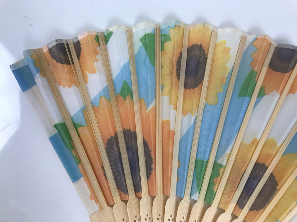Japanese Fabric Folding Fan Sensu Vtg Bamboo Frame Sunflowers Himawari 5D55-AD - Fan-chidorivintage.com
