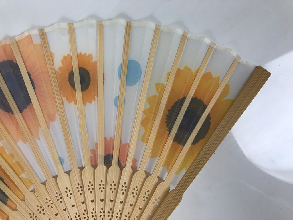 Japanese Fabric Folding Fan Sensu Vtg Bamboo Frame Sunflowers Himawari 5D56-AD - Fan-chidorivintage.com