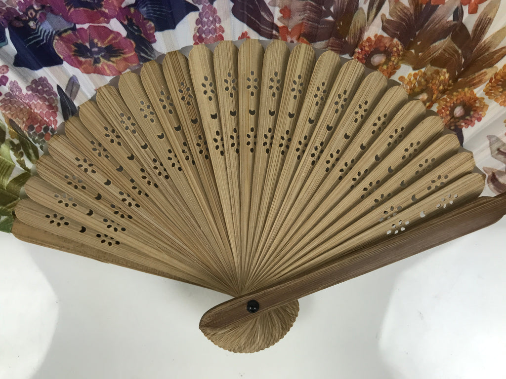 Japanese Fabric Folding Fan Sensu Vtg Bamboo Frame Rainbow Color Flowers 5D57-AD - Fan-chidorivintage.com