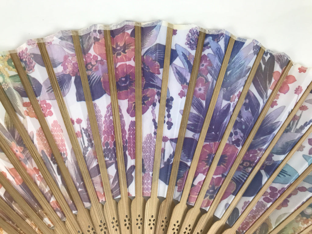 Japanese Fabric Folding Fan Sensu Vtg Bamboo Frame Rainbow Color Flowers 5D57-AD - Fan-chidorivintage.com