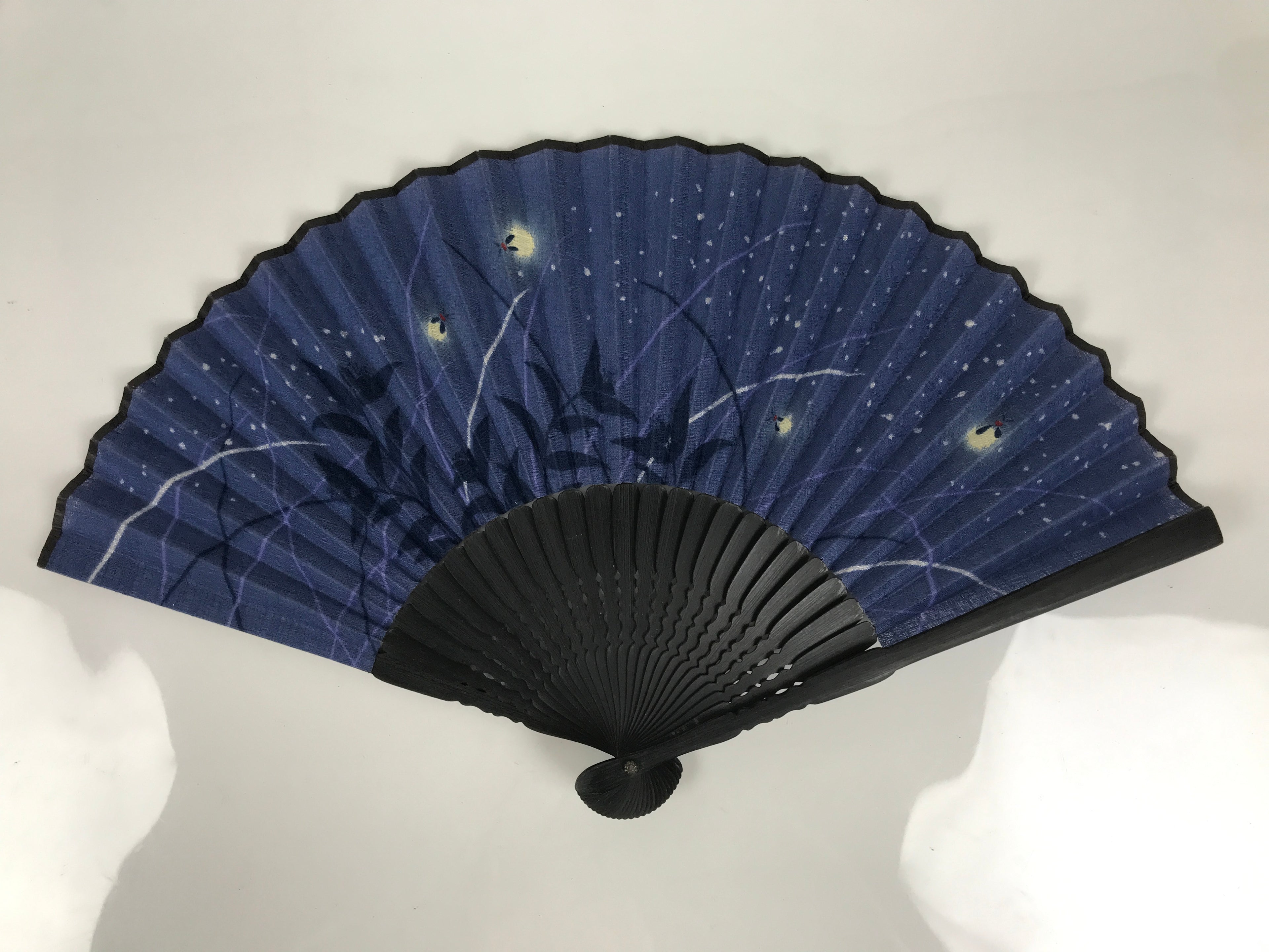 Japanese Fabric Folding Fan Sensu Vtg Bamboo Frame Evening Fireflies Blue 5D58-AD - Fan-chidorivintage.com
