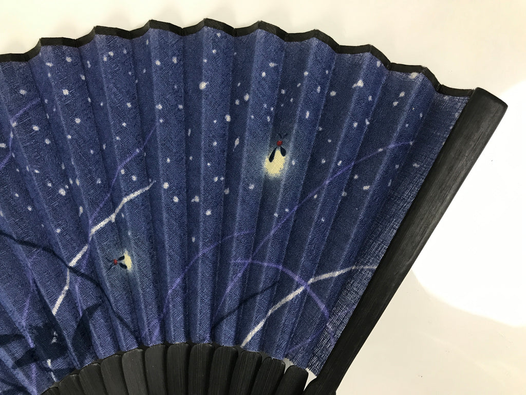 Japanese Fabric Folding Fan Sensu Vtg Bamboo Frame Evening Fireflies Blue 5D58-AD - Fan-chidorivintage.com
