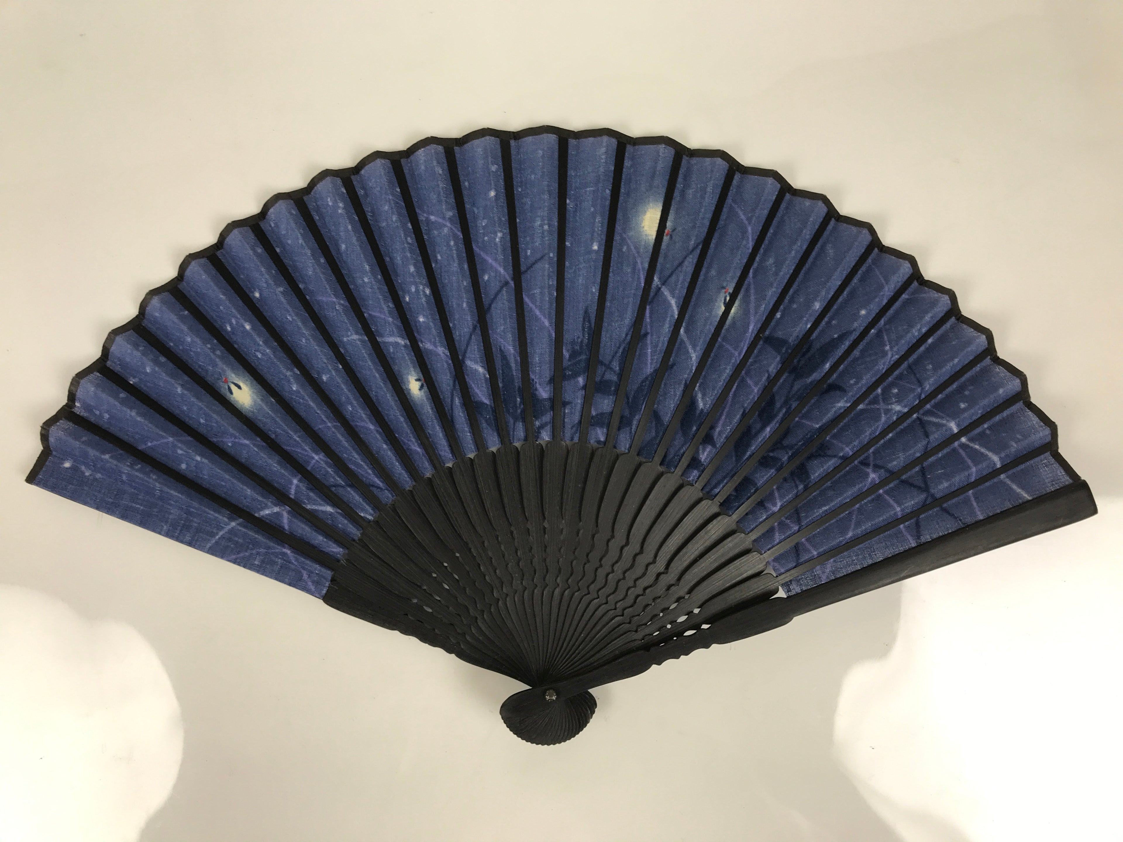 Japanese Fabric Folding Fan Sensu Vtg Bamboo Frame Evening Fireflies Blue 5D58-AD - Fan-chidorivintage.com