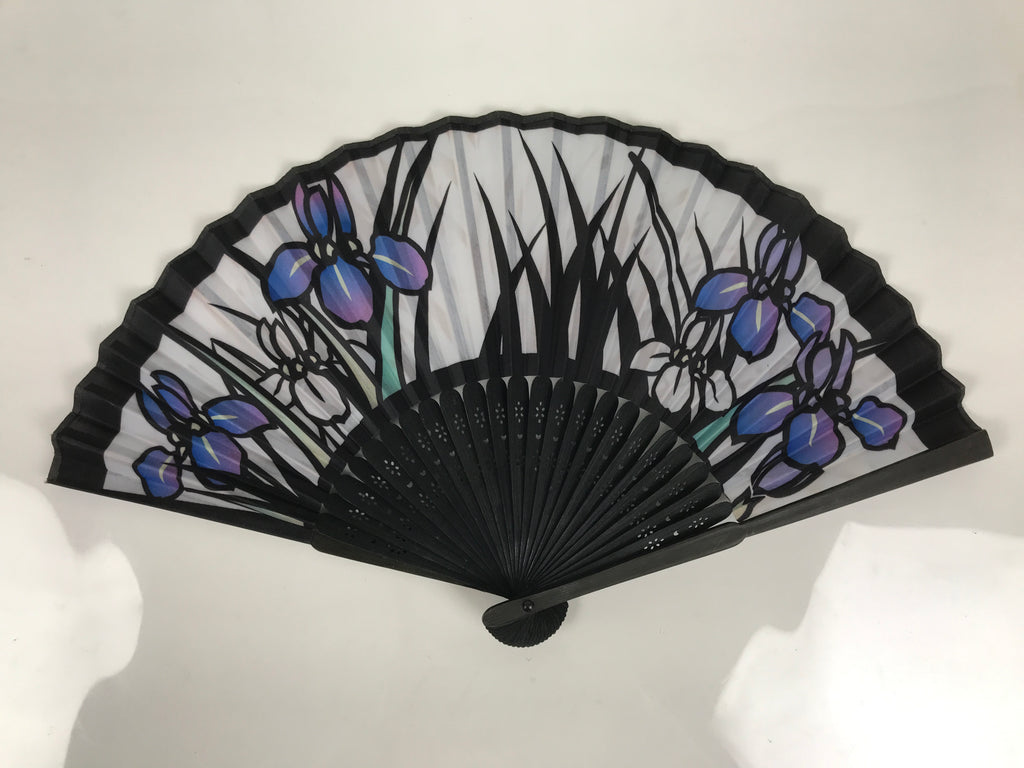 Japanese Fabric Folding Fan Sensu Vtg Black Bamboo Frame Purple Iris Flower 5D59-AD - Fan-chidorivintage.com