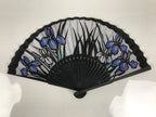 Japanese Fabric Folding Fan Sensu Vtg Black Bamboo Frame Purple Iris Flower 5D59-AD - Fan-chidorivintage.com