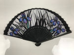 Japanese Fabric Folding Fan Sensu Vtg Black Bamboo Frame Purple Iris Flower 5D59-AD - Fan-chidorivintage.com