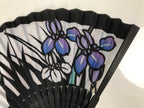 Japanese Fabric Folding Fan Sensu Vtg Black Bamboo Frame Purple Iris Flower 5D59-AD - Fan-chidorivintage.com