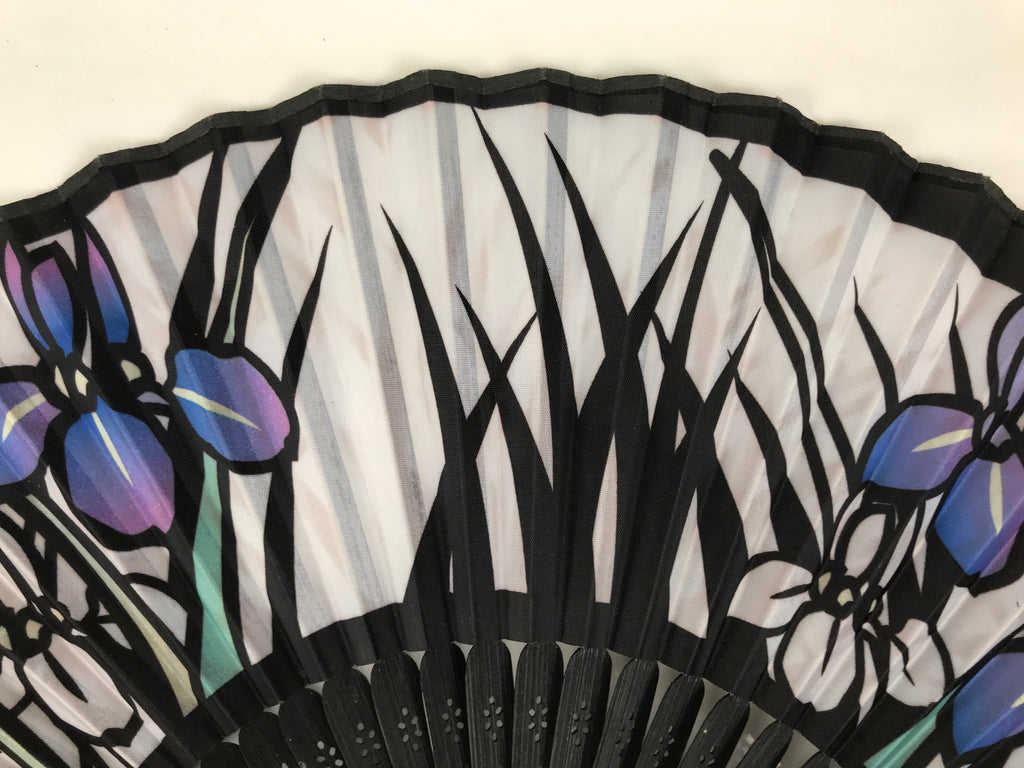 Japanese Fabric Folding Fan Sensu Vtg Black Bamboo Frame Purple Iris Flower 5D59-AD - Fan-chidorivintage.com