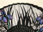 Japanese Fabric Folding Fan Sensu Vtg Black Bamboo Frame Purple Iris Flower 5D59-AD - Fan-chidorivintage.com