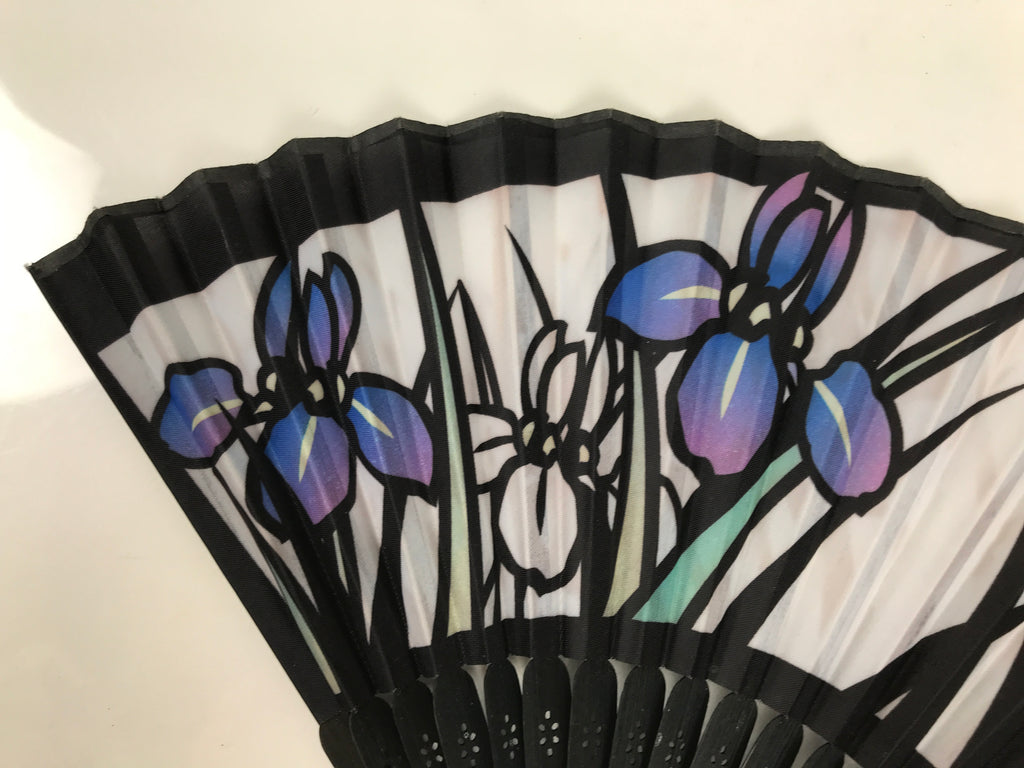 Japanese Fabric Folding Fan Sensu Vtg Black Bamboo Frame Purple Iris Flower 5D59-AD - Fan-chidorivintage.com