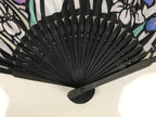 Japanese Fabric Folding Fan Sensu Vtg Black Bamboo Frame Purple Iris Flower 5D59-AD - Fan-chidorivintage.com