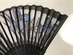 Japanese Fabric Folding Fan Sensu Vtg Black Bamboo Frame Purple Iris Flower 5D59-AD - Fan-chidorivintage.com