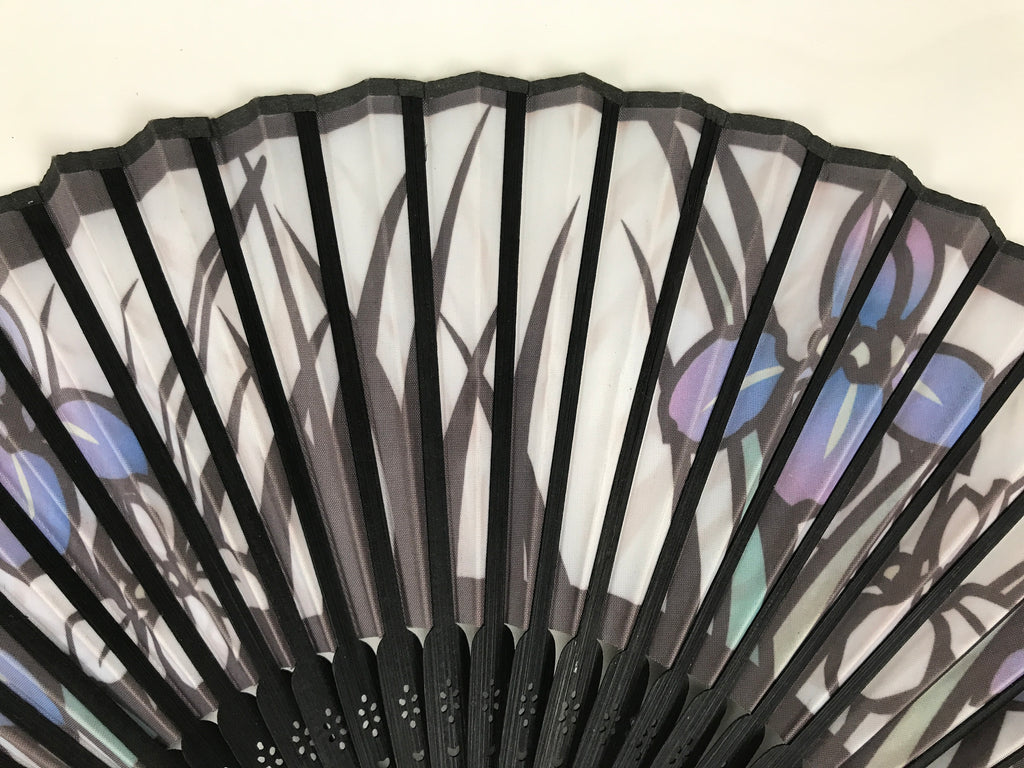 Japanese Fabric Folding Fan Sensu Vtg Black Bamboo Frame Purple Iris Flower 5D59-AD - Fan-chidorivintage.com
