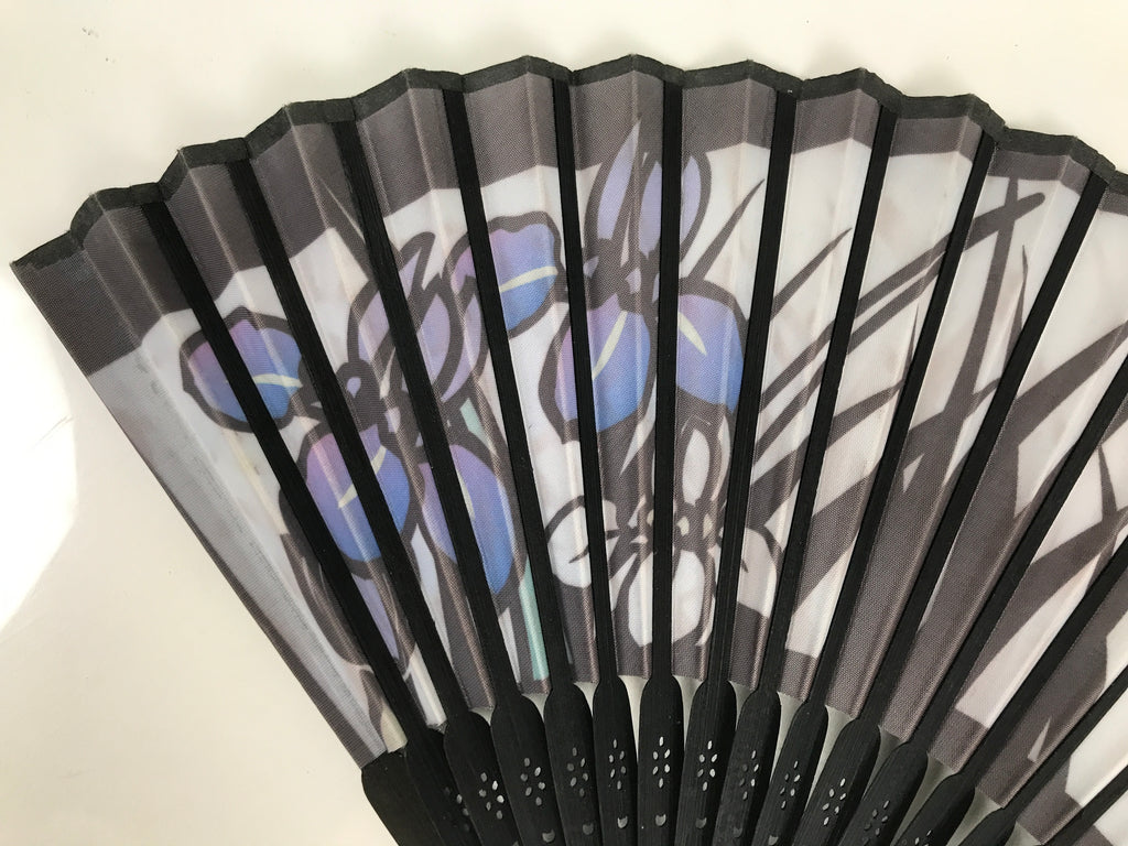 Japanese Fabric Folding Fan Sensu Vtg Black Bamboo Frame Purple Iris Flower 5D59-AD - Fan-chidorivintage.com
