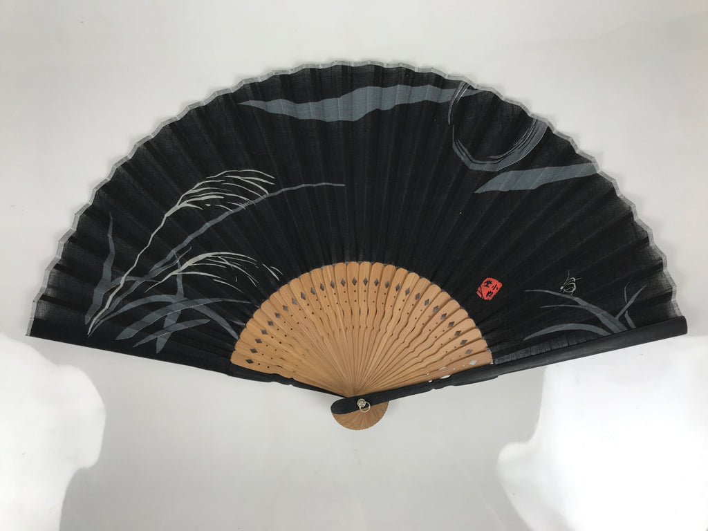 Japanese Fabric Folding Fan Sensu Vtg Bamboo Frame Evening Scene Black 5D60-AD - Fan-chidorivintage.com