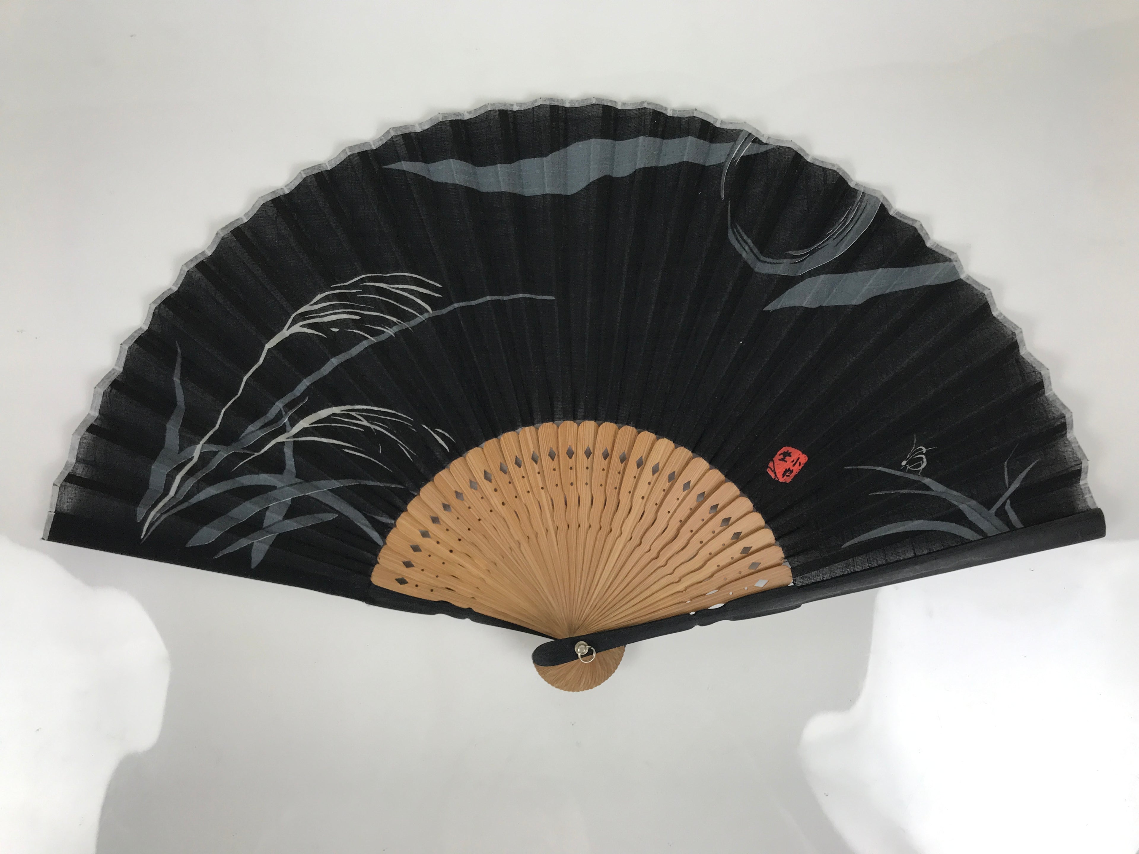Japanese Fabric Folding Fan Sensu Vtg Bamboo Frame Evening Scene Black 5D60-AD - Fan-chidorivintage.com