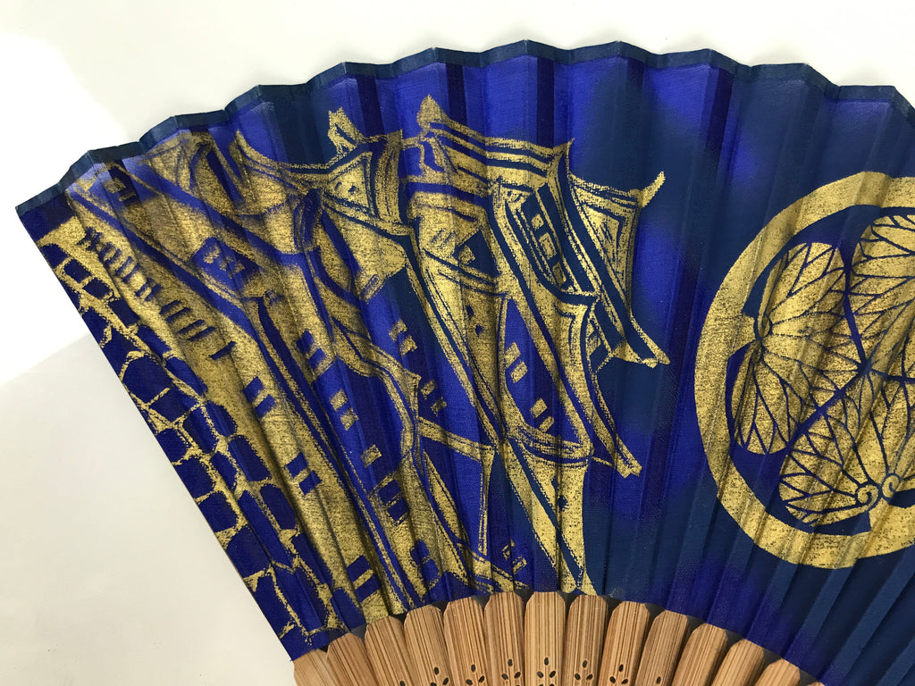 Japanese Fabric Folding Fan Vtg Sensu Bamboo Frame Blue Nagoya Castle 5D99-AD - Fan-chidorivintage.com