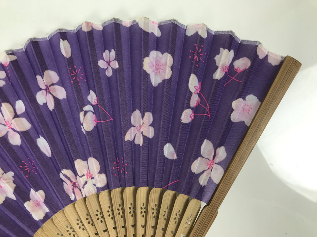 Japanese Fabric Folding Fan Sensu Vtg Bamboo Frame Cherry Blossoms Purple 5D61-AD - Fan-chidorivintage.com