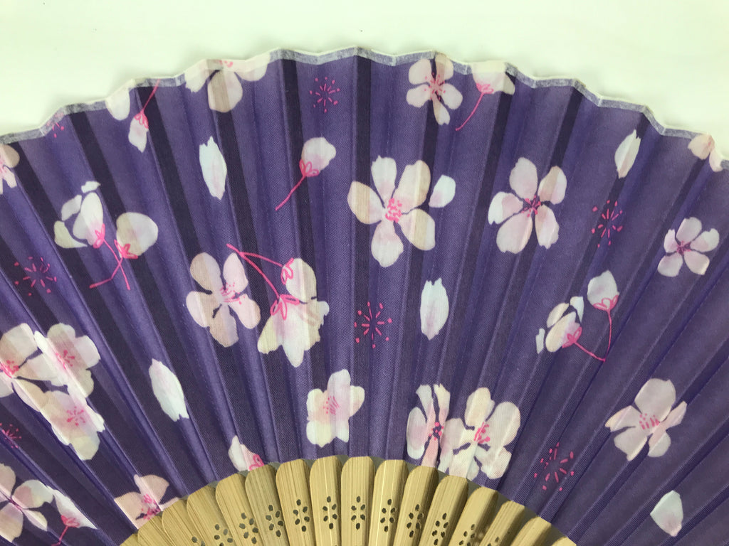 Japanese Fabric Folding Fan Sensu Vtg Bamboo Frame Cherry Blossoms Purple 5D61-AD - Fan-chidorivintage.com