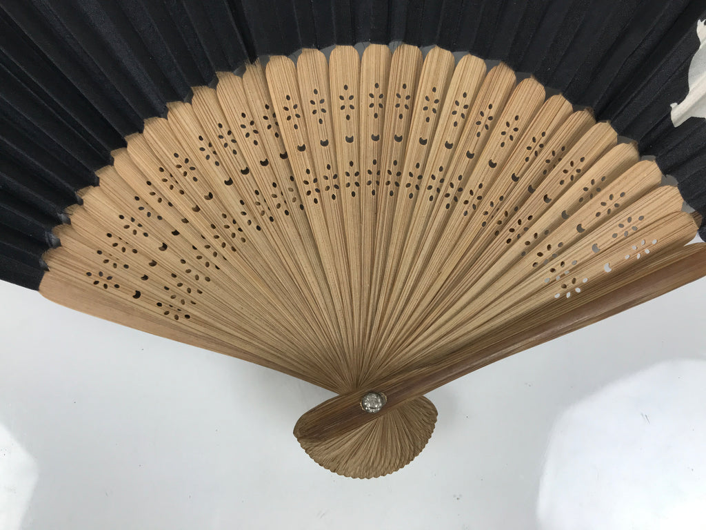 Japanese Fabric Folding Fan Sensu Vtg Bamboo Frame Hippopotamus Kaba Black 5D65-AD - Fan-chidorivintage.com