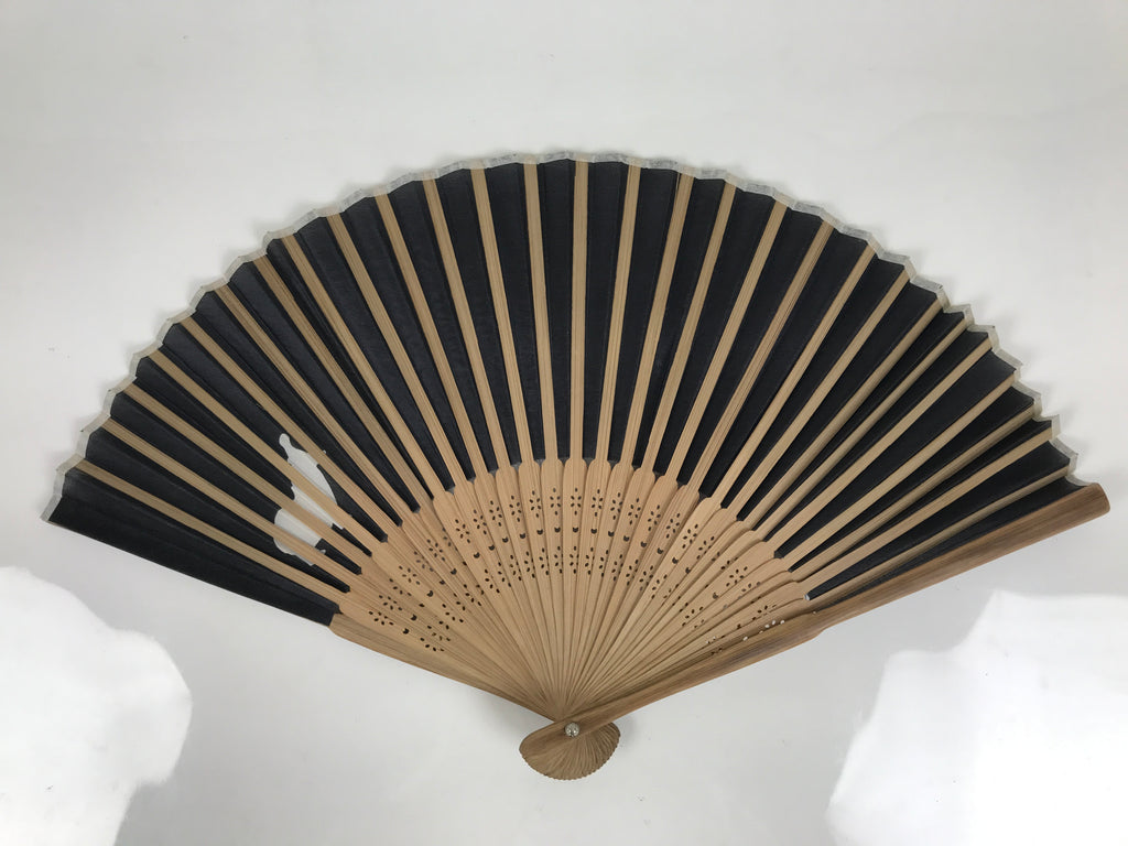 Japanese Fabric Folding Fan Sensu Vtg Bamboo Frame Hippopotamus Kaba Black 5D65-AD - Fan-chidorivintage.com
