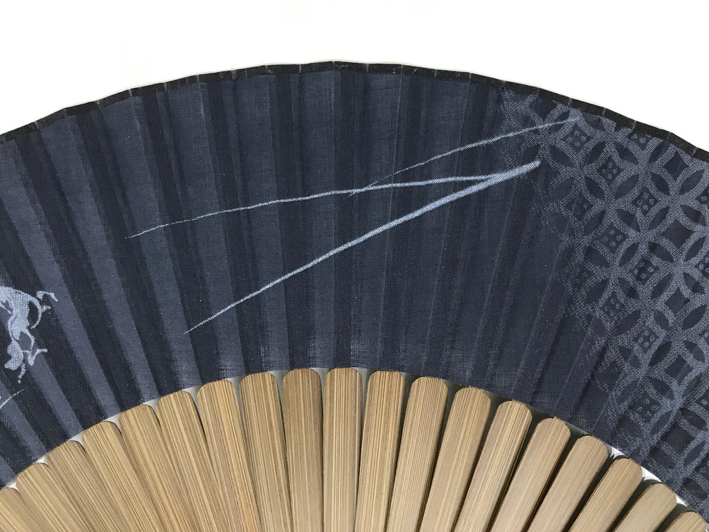 Japanese Fabric Folding Fan Sensu Vtg Bamboo Frame Blue Horse Shippo Design 5D67-AD - Fan-chidorivintage.com