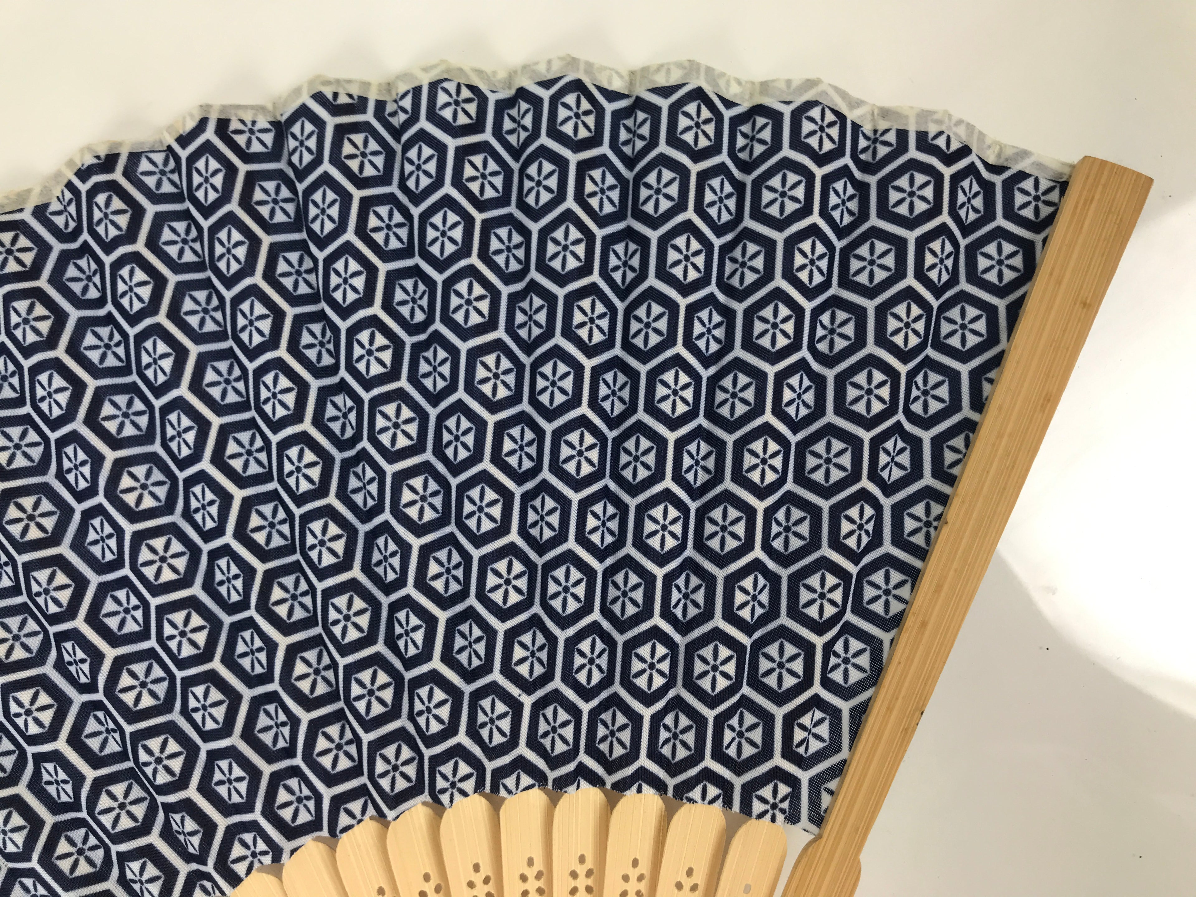 Japanese Fabric Folding Fan Sensu Vtg Bamboo Frame Kikkou Pattern Blue 5D68-AD - Fan-chidorivintage.com