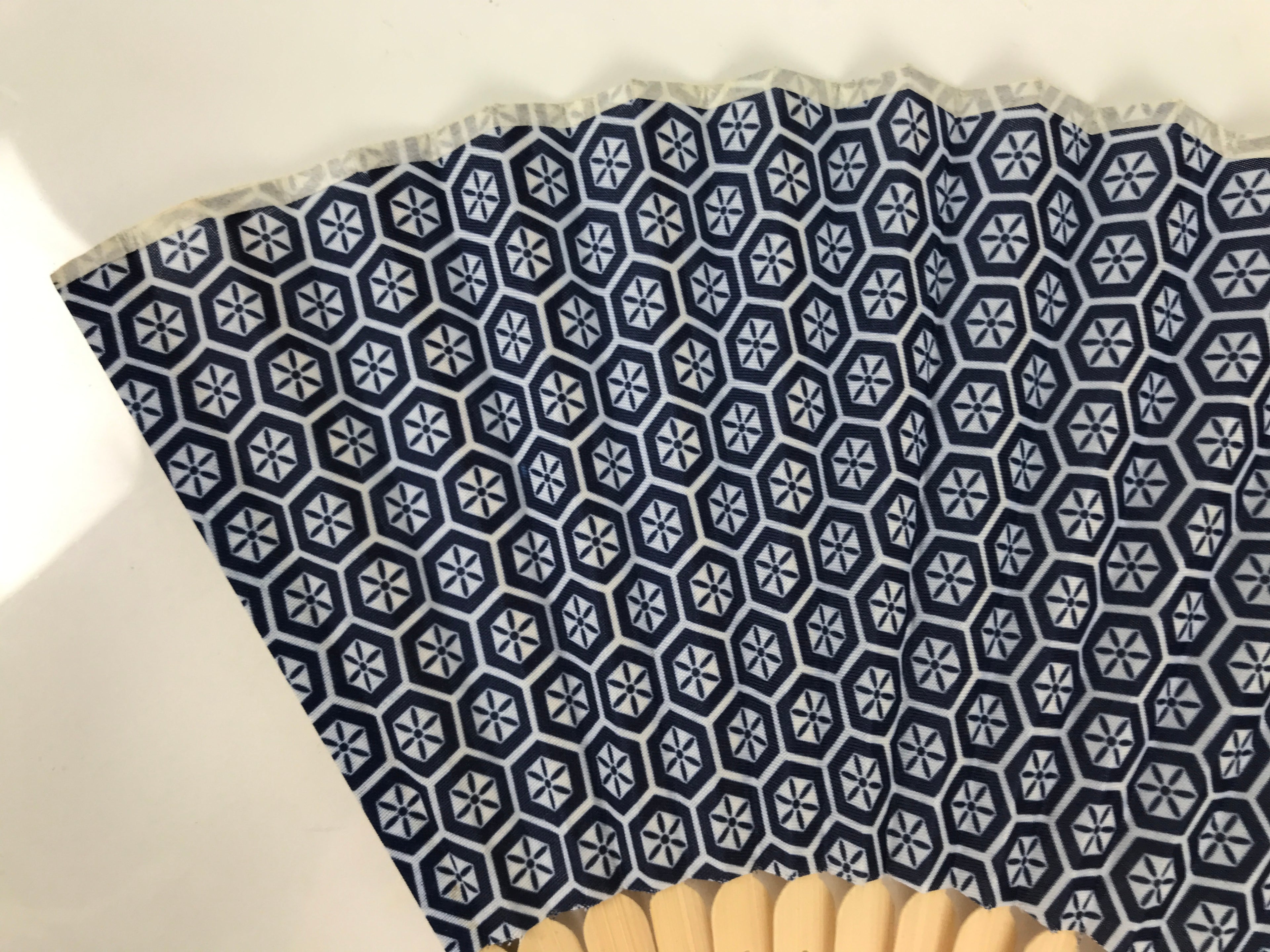 Japanese Fabric Folding Fan Sensu Vtg Bamboo Frame Kikkou Pattern Blue 5D68-AD - Fan-chidorivintage.com