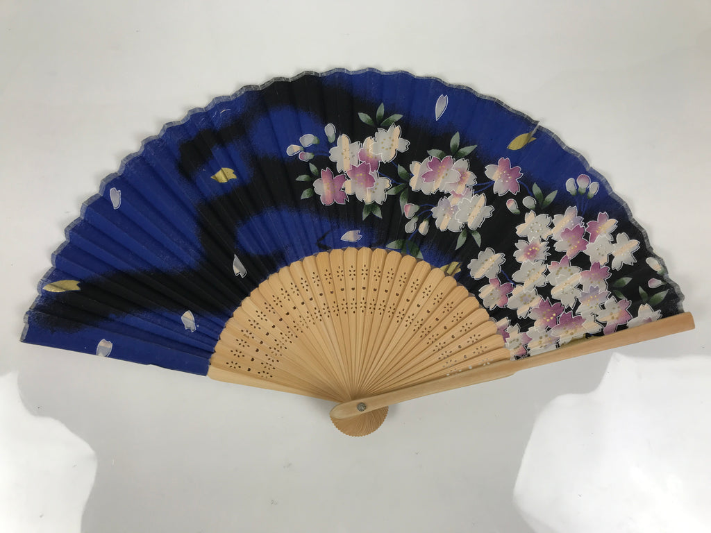 Japanese Fabric Folding Fan Sensu Vtg Bamboo Frame Cherry Bossoms Blue 5D69-AD - Fan-chidorivintage.com