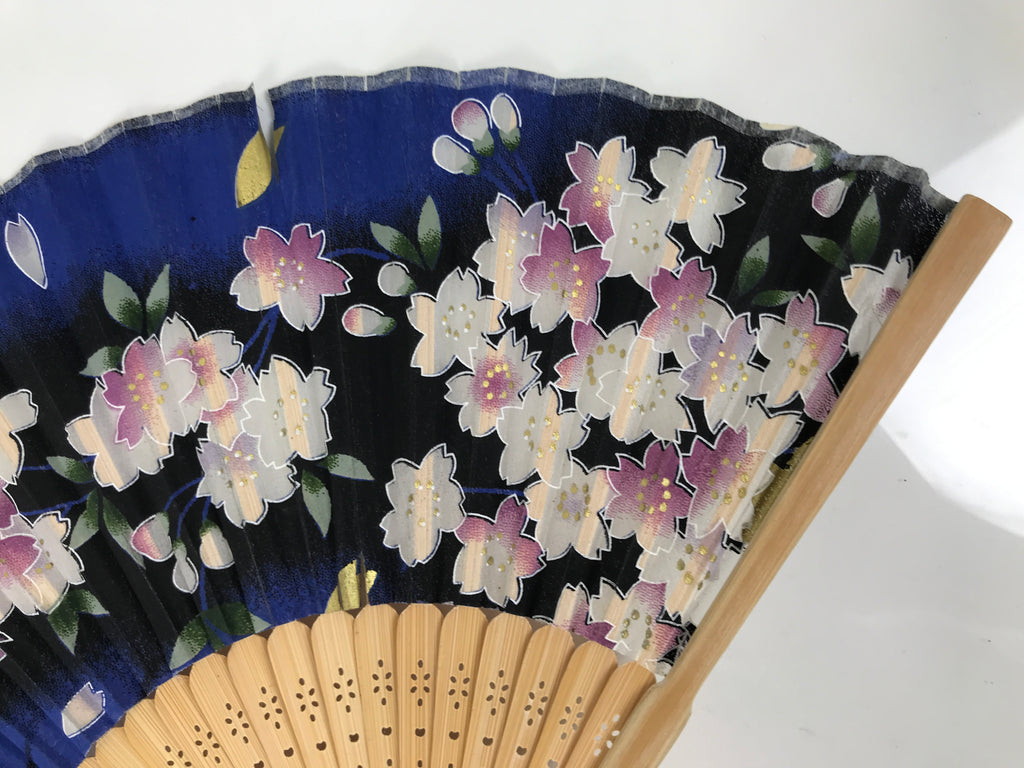 Japanese Fabric Folding Fan Sensu Vtg Bamboo Frame Cherry Bossoms Blue 5D69-AD - Fan-chidorivintage.com