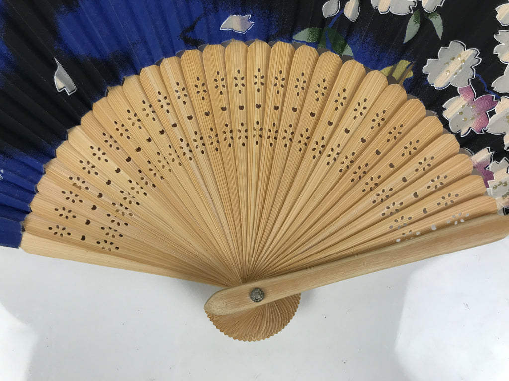 Japanese Fabric Folding Fan Sensu Vtg Bamboo Frame Cherry Bossoms Blue 5D69-AD - Fan-chidorivintage.com