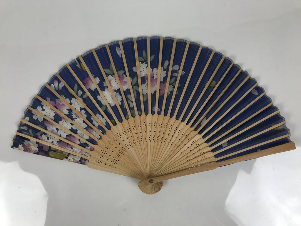 Japanese Fabric Folding Fan Sensu Vtg Bamboo Frame Cherry Bossoms Blue 5D69-AD - Fan-chidorivintage.com