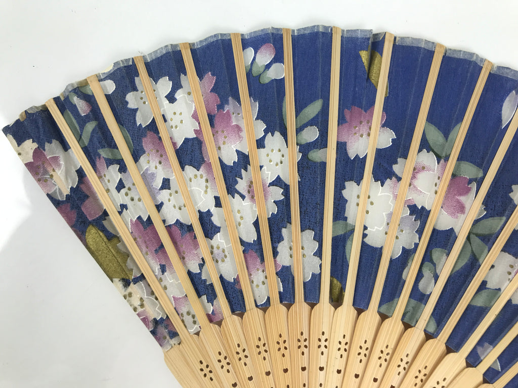 Japanese Fabric Folding Fan Sensu Vtg Bamboo Frame Cherry Bossoms Blue 5D69-AD - Fan-chidorivintage.com
