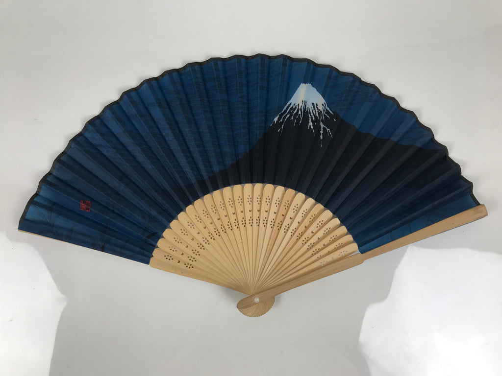 Japanese Fabric Folding Fan Sensu Vtg Bamboo Frame Mt. Fuji Blue Fujisan 5D73-AD - Fan-chidorivintage.com