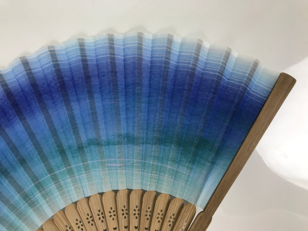 Japanese Fabric Folding Fan Sensu Vtg Bamboo Frame Blue Green Watercolor 5D75-AD - Fan-chidorivintage.com