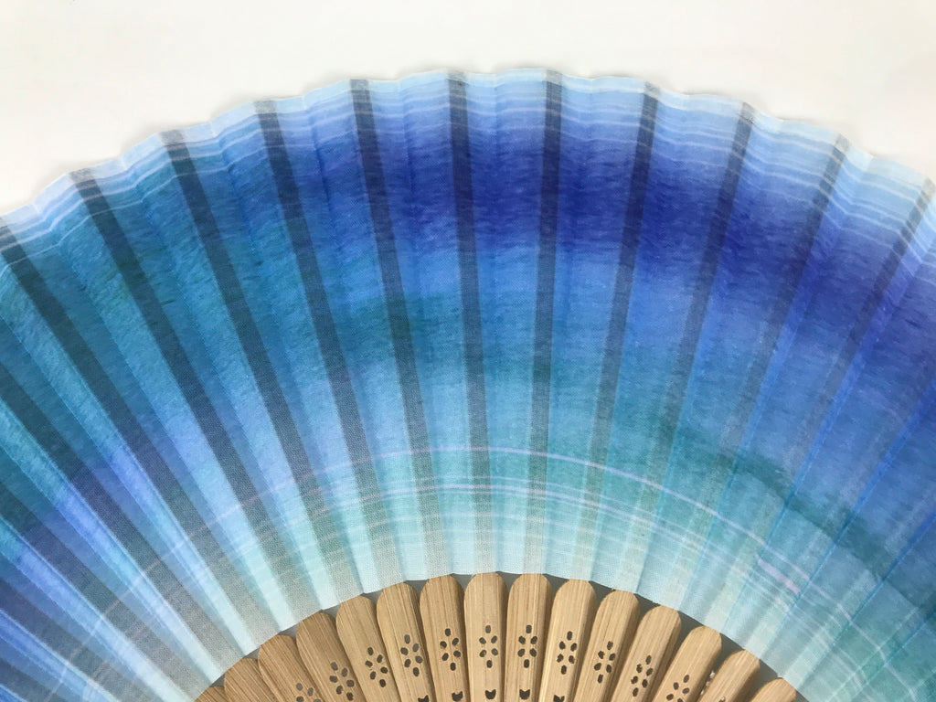Japanese Fabric Folding Fan Sensu Vtg Bamboo Frame Blue Green Watercolor 5D75-AD - Fan-chidorivintage.com