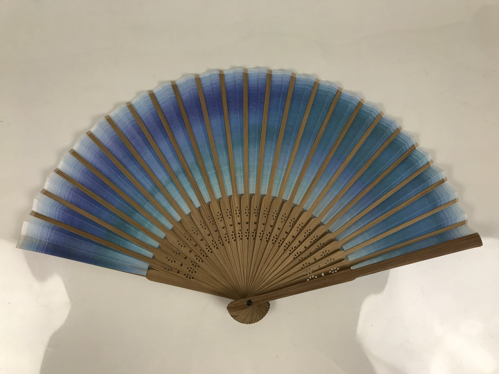 Japanese Fabric Folding Fan Sensu Vtg Bamboo Frame Blue Green Watercolor 5D75-AD - Fan-chidorivintage.com