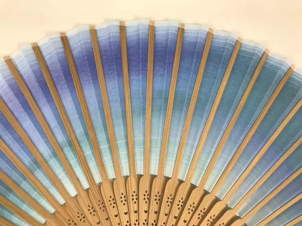 Japanese Fabric Folding Fan Sensu Vtg Bamboo Frame Blue Green Watercolor 5D75-AD - Fan-chidorivintage.com