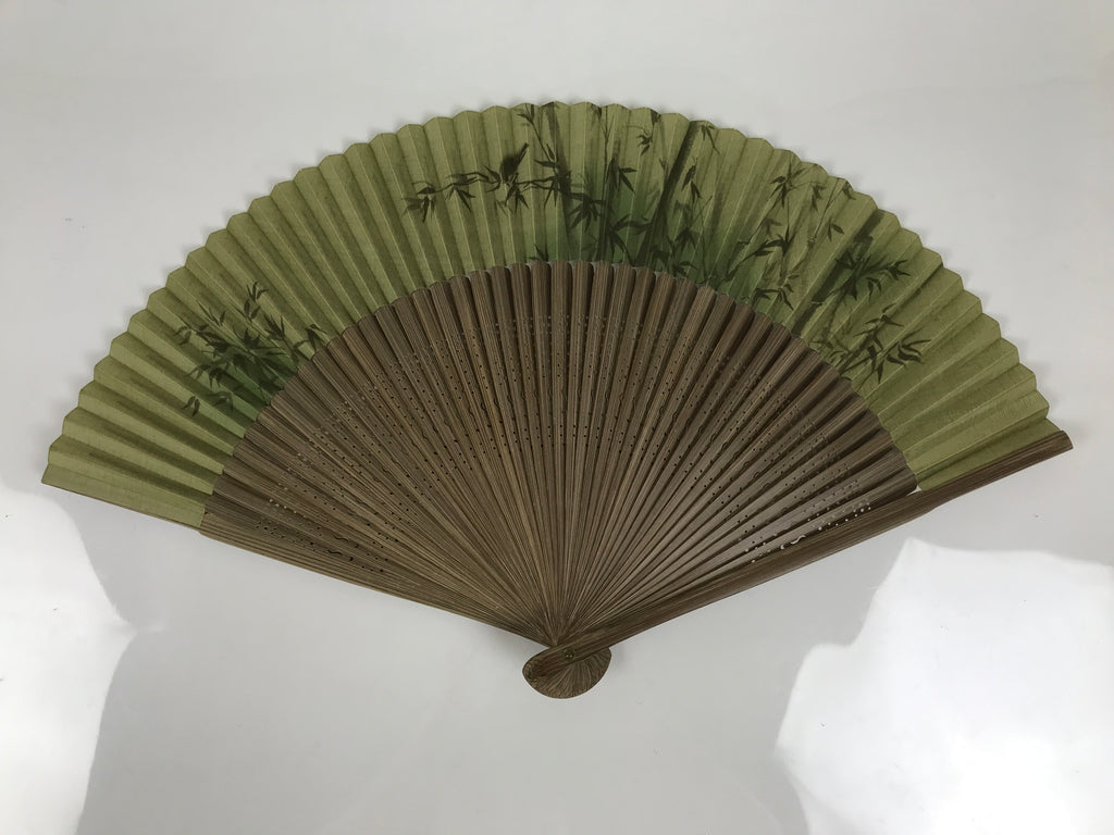 Japanese Fabric Folding Fan Vtg Sensu Bamboo Frame Green Take Leaves Brown 5D78-AD - Fan-chidorivintage.com