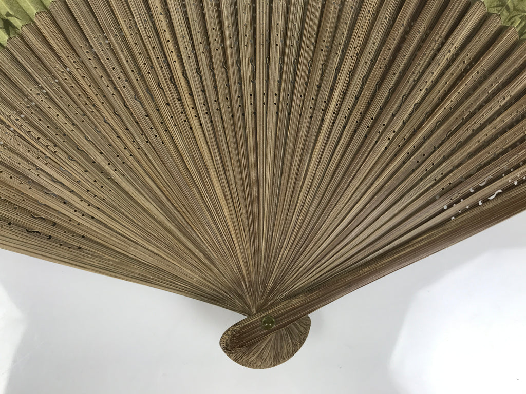 Japanese Fabric Folding Fan Vtg Sensu Bamboo Frame Green Take Leaves Brown 5D78-AD - Fan-chidorivintage.com
