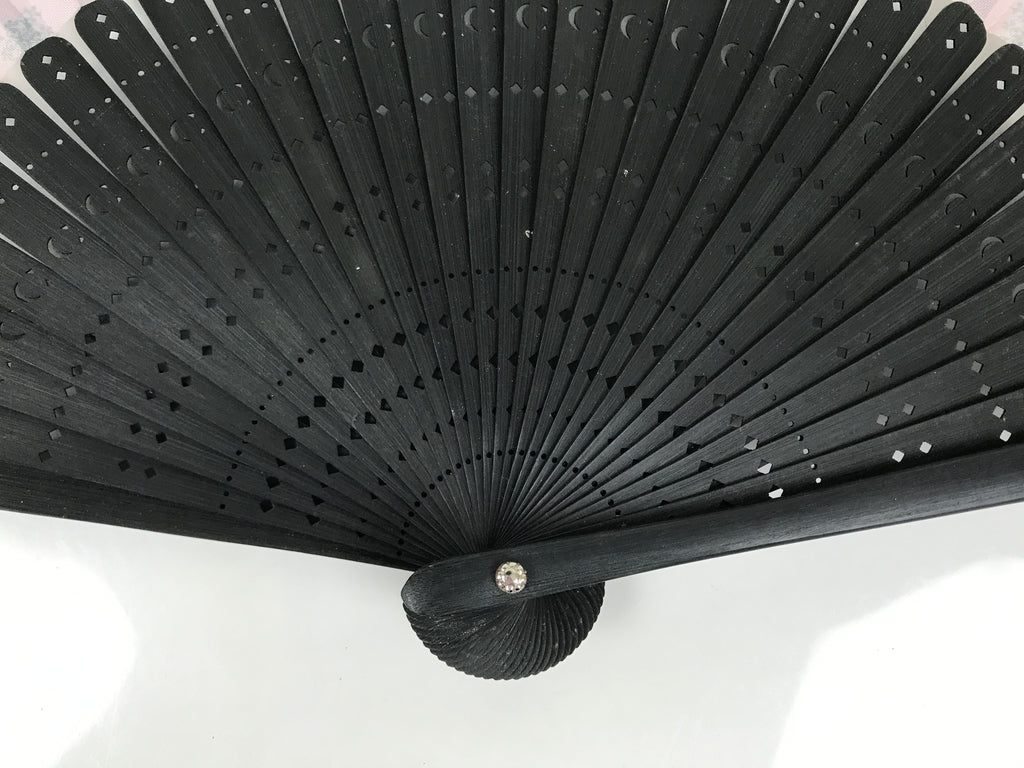 Japanese Fabric Folding Fan Vtg Sensu Black Bamboo Frame Pink Fancy Design 5D79-AD - Fan-chidorivintage.com