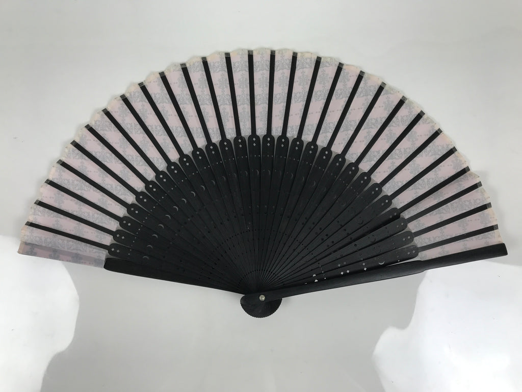 Japanese Fabric Folding Fan Vtg Sensu Black Bamboo Frame Pink Fancy Design 5D79-AD - Fan-chidorivintage.com