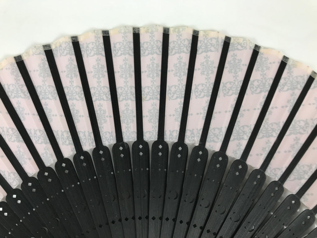 Japanese Fabric Folding Fan Vtg Sensu Black Bamboo Frame Pink Fancy Design 5D79-AD - Fan-chidorivintage.com