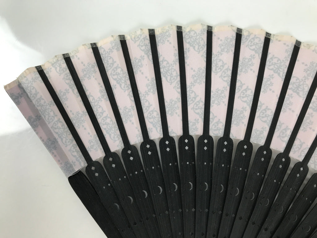Japanese Fabric Folding Fan Vtg Sensu Black Bamboo Frame Pink Fancy Design 5D79-AD - Fan-chidorivintage.com