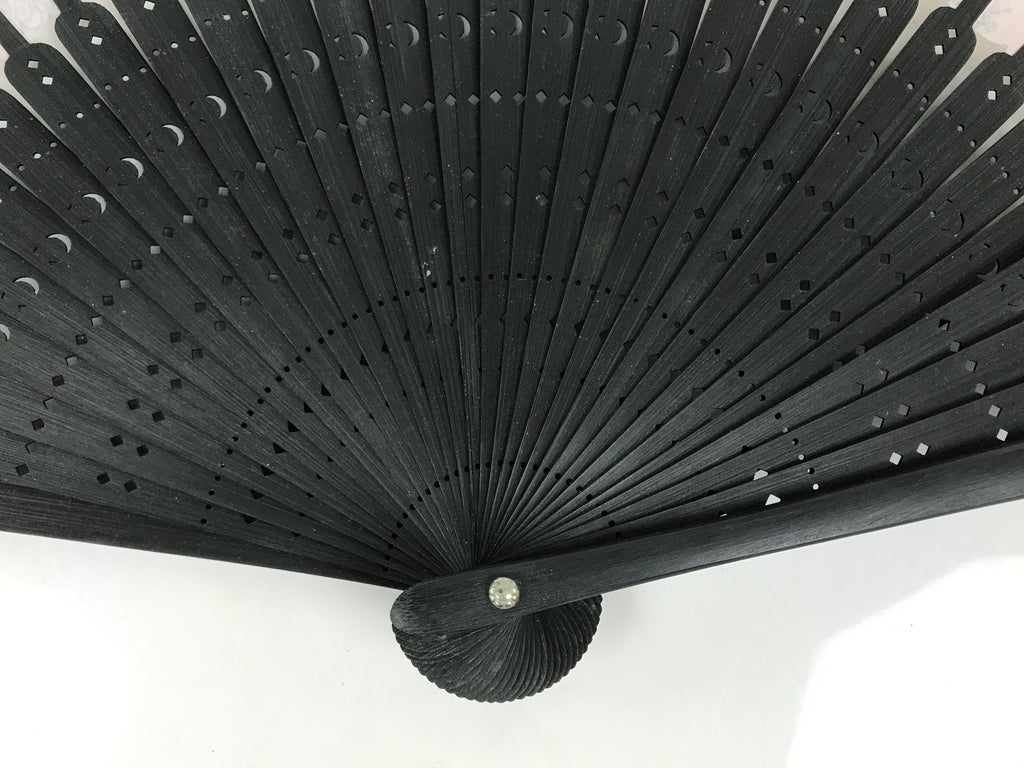 Japanese Fabric Folding Fan Vtg Sensu Black Bamboo Frame Pink Fancy Design 5D79-AD - Fan-chidorivintage.com