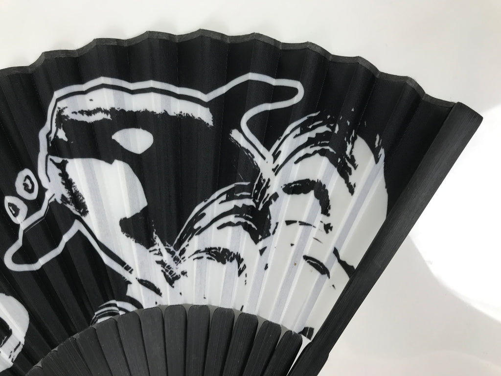 Japanese Fabric Folding Fan Vtg Sensu Black Bamboo Frame Orca Whale Nagoya 5D80-AD - Fan-chidorivintage.com