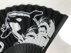 Japanese Fabric Folding Fan Vtg Sensu Black Bamboo Frame Orca Whale Nagoya 5D80-AD - Fan-chidorivintage.com