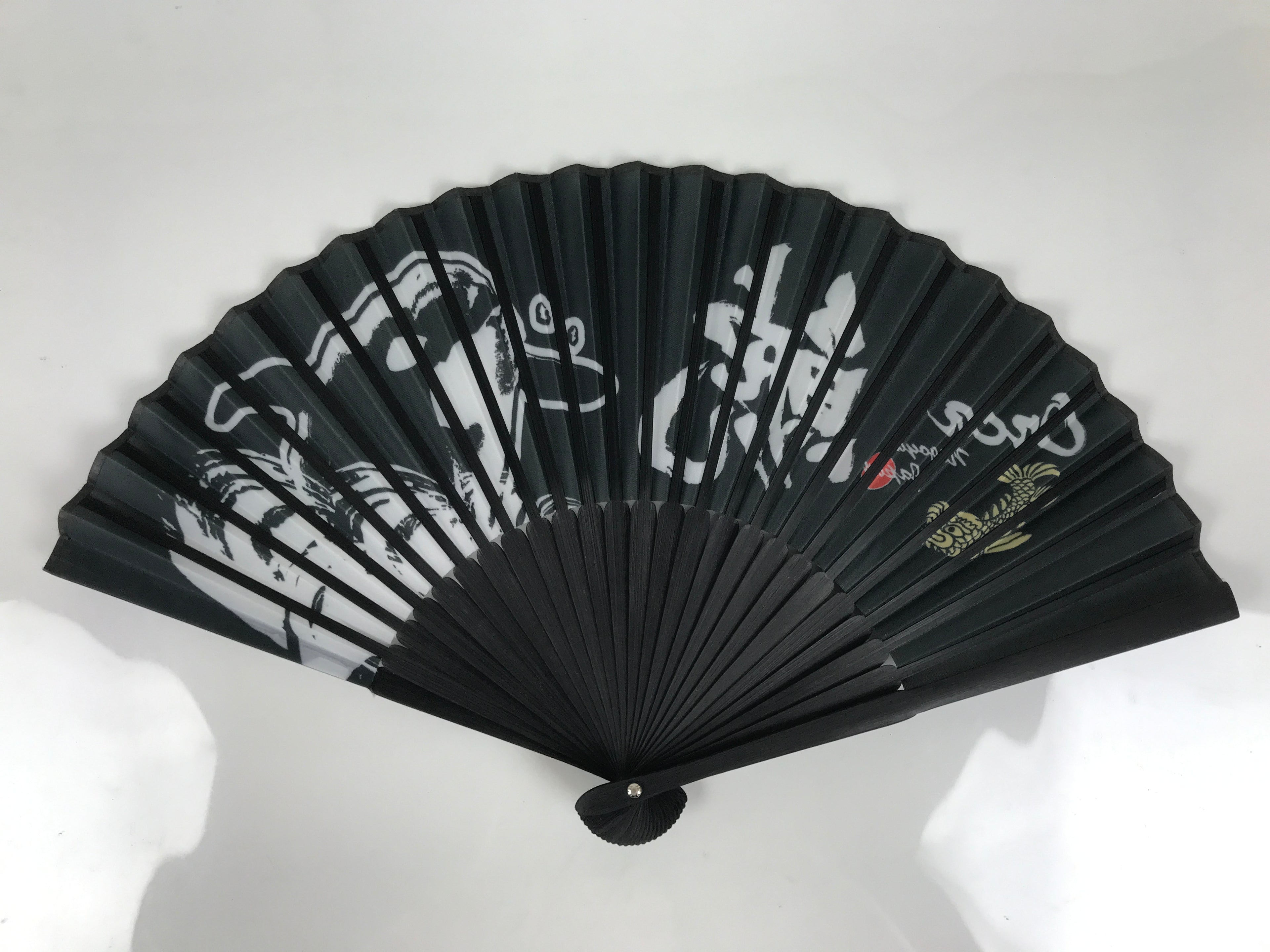 Japanese Fabric Folding Fan Vtg Sensu Black Bamboo Frame Orca Whale Nagoya 5D80-AD - Fan-chidorivintage.com