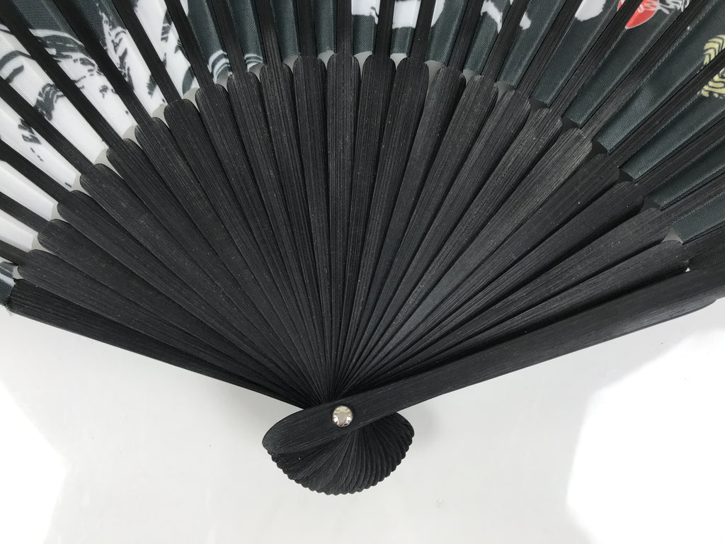 Japanese Fabric Folding Fan Vtg Sensu Black Bamboo Frame Orca Whale Nagoya 5D80-AD - Fan-chidorivintage.com